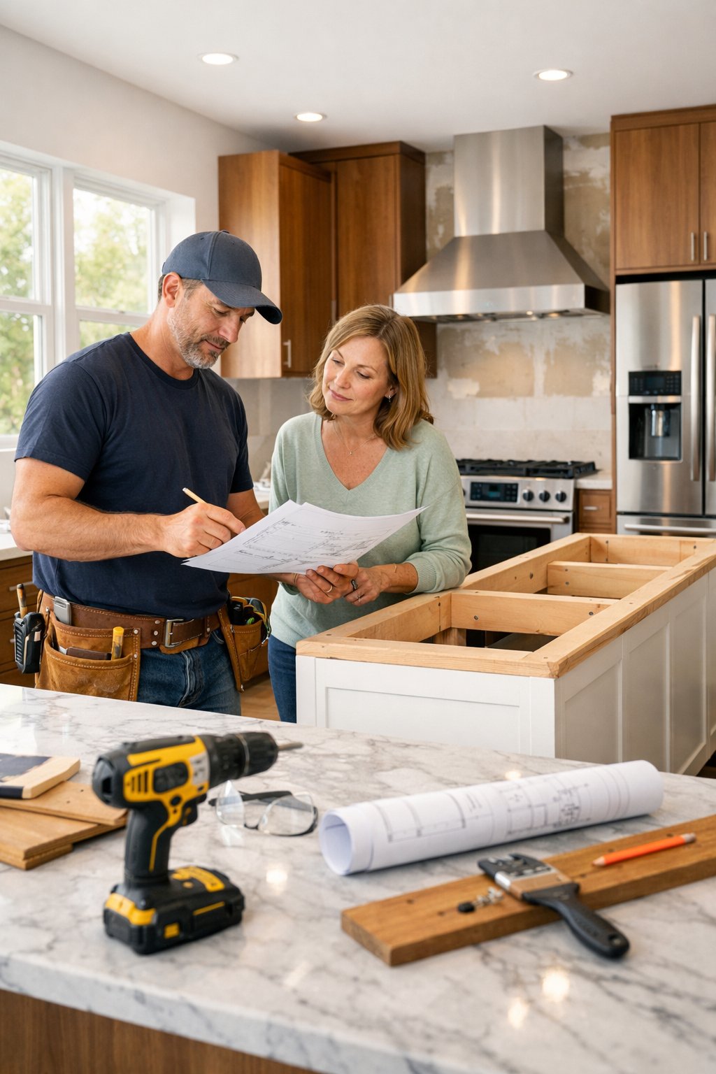 A modern kitchen under remodel with a contractor and homeowner discussing plans near a marble countertop with tools and materials.
