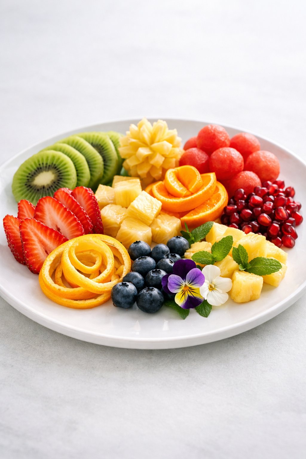 A fruit platter with ten different garnishes including sliced kiwi, strawberries, blueberries, orange wedges, pineapple chunks, watermelon balls, pomegranate seeds, mint leaves, edible flowers, and citrus spirals on a white surface.