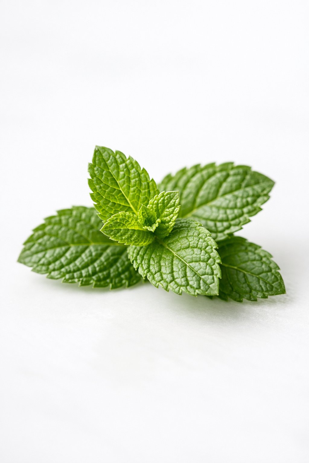 Fresh green mint sprigs arranged on a white surface as a garnish for a fruit platter.