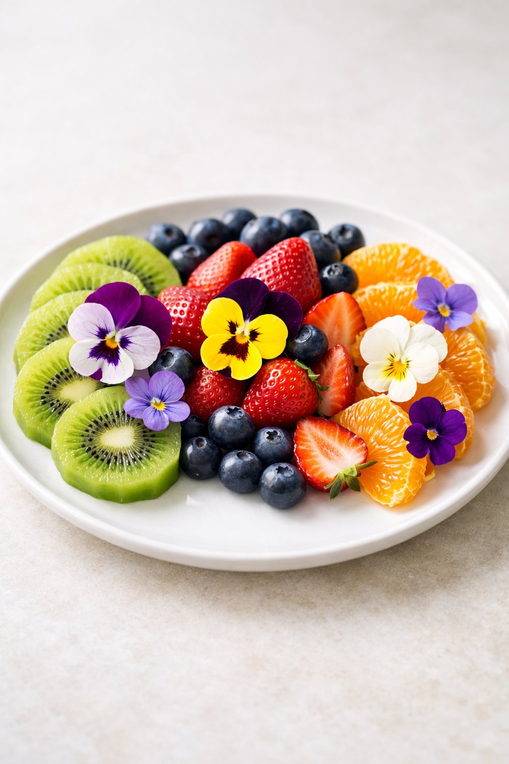 A fruit platter with sliced kiwi, strawberries, blueberries, and orange segments garnished with pansies and violets on a white plate.