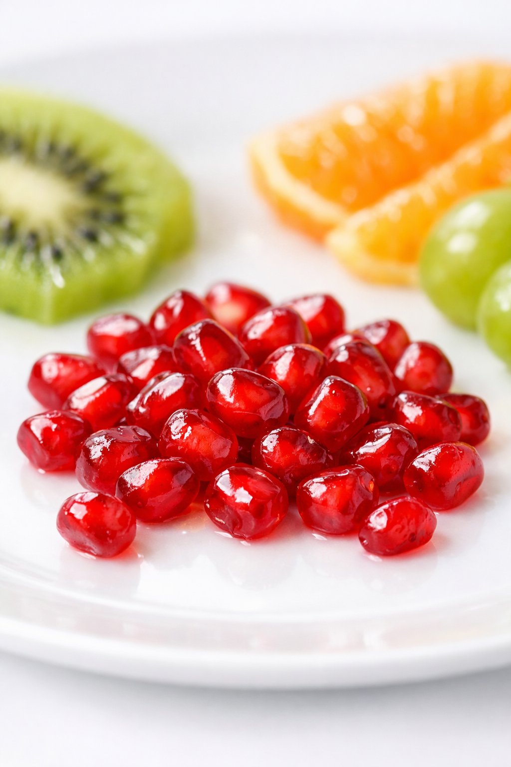 Close-up of red pomegranate seeds scattered on a white plate as part of a fresh fruit platter.