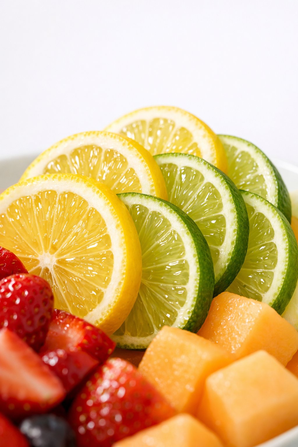 Thin lemon and lime slices arranged as a garnish on a fruit platter.