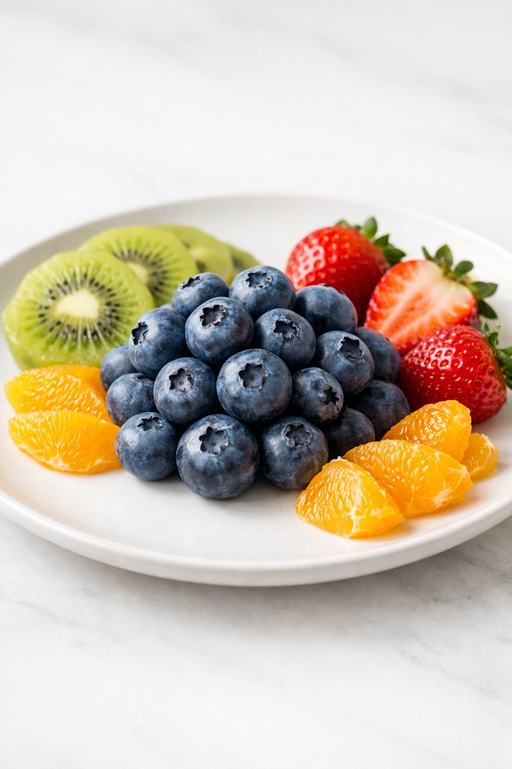 A white plate with fresh blueberry clusters and sliced fruits arranged as a garnish on a fruit platter.