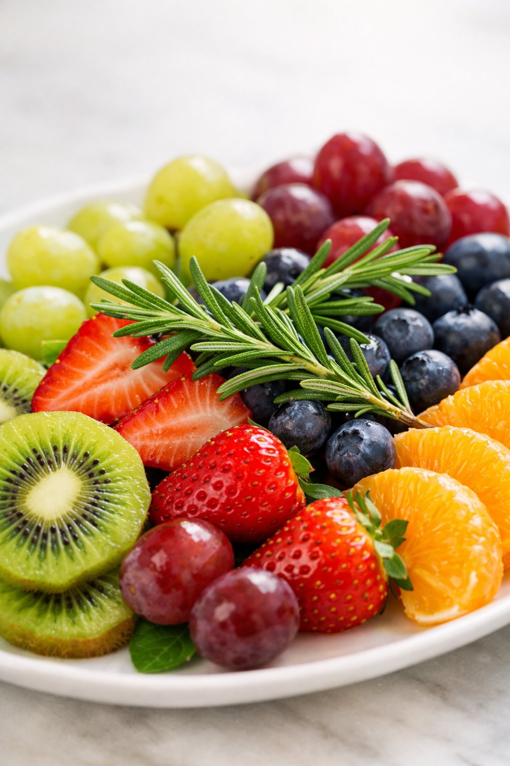 A fruit platter garnished with fresh rosemary sprigs and assorted sliced fruits including kiwi, strawberries, blueberries, grapes, and oranges.