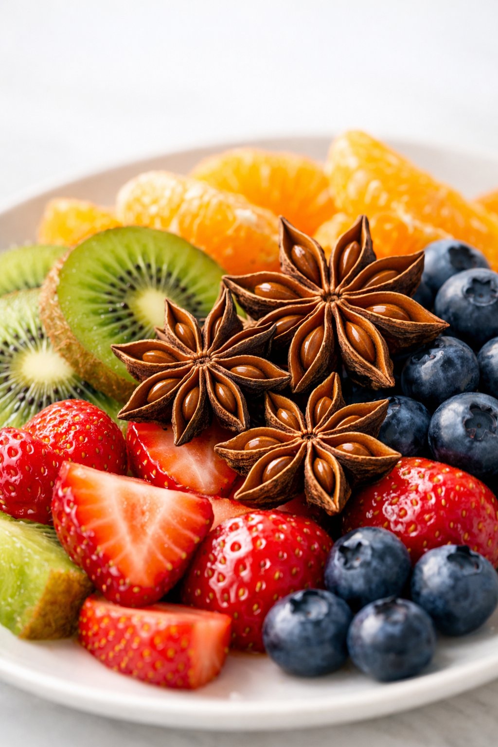 A fruit platter garnished with star anise pods and assorted fresh fruits including kiwi, strawberries, blueberries, and orange slices.