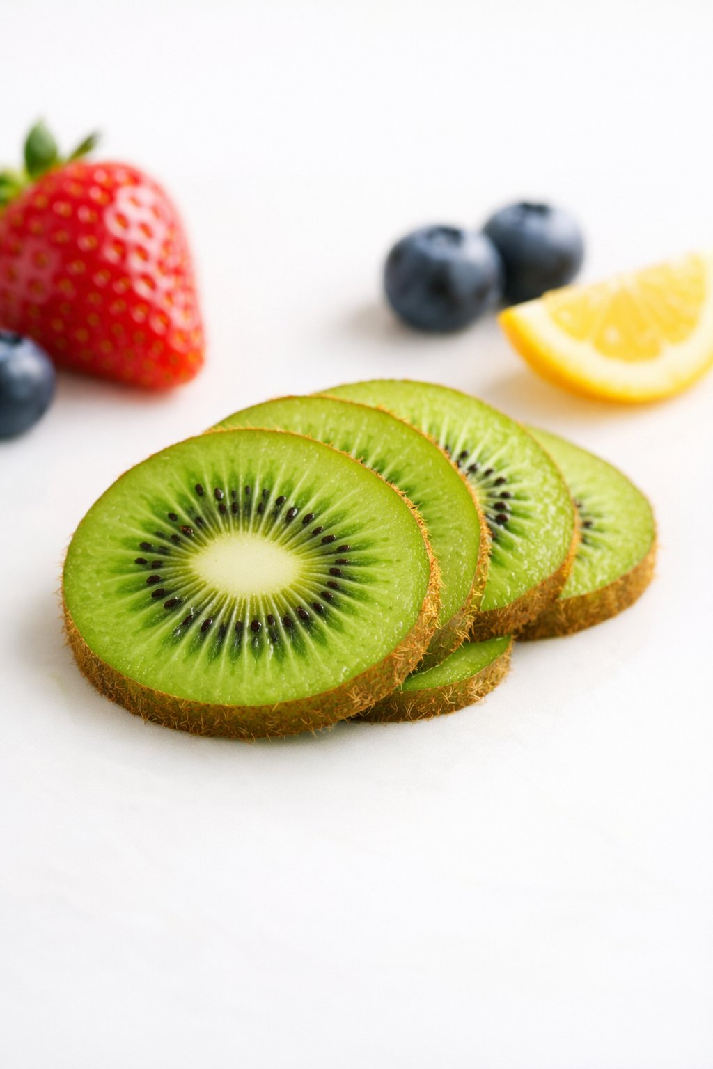 Close-up of neatly arranged kiwi slices on a white surface with a few other fresh fruits around them.