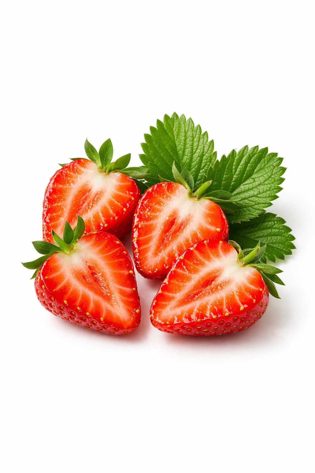 Close-up of fresh strawberry halves with green leaves on a white background.