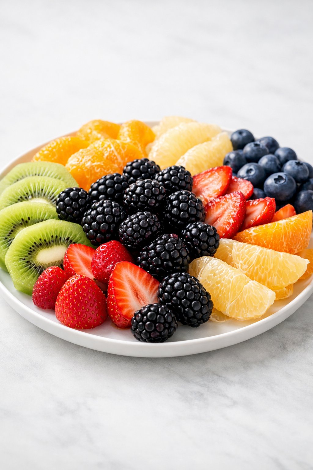 A fruit platter garnished with fresh blackberries, sliced kiwi, strawberries, blueberries, and citrus segments on a clean background.