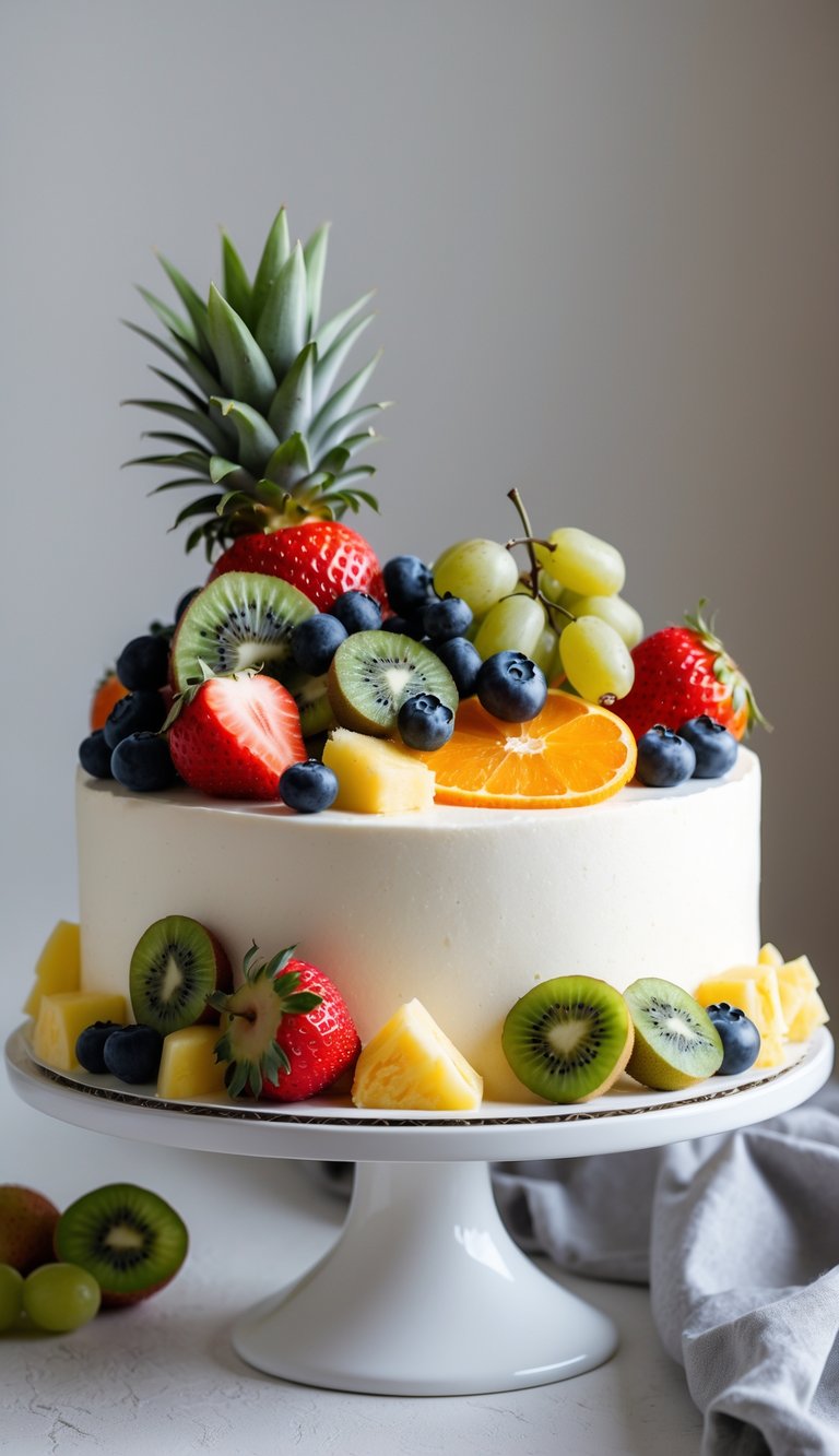 A birthday cake decorated with an assortment of fresh fruits arranged on top, placed on a white cake stand.