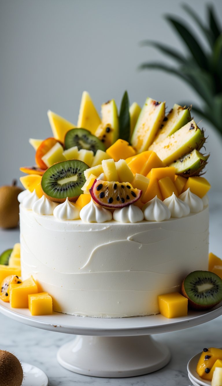 A tropical mixed fruit birthday cake topped with kiwi and mango slices on a white plate.