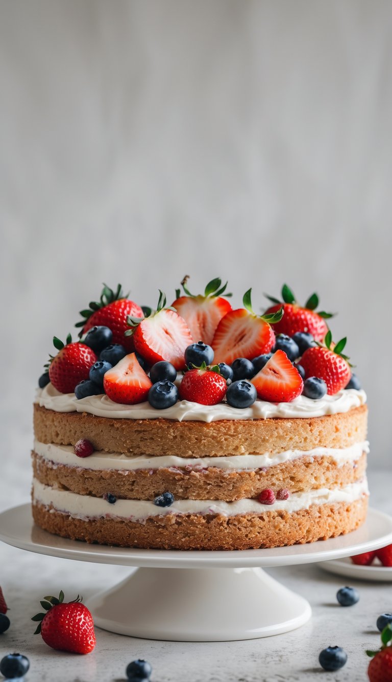 A fruit cake topped with fresh strawberries and blueberries on a white cake stand against a plain background.
