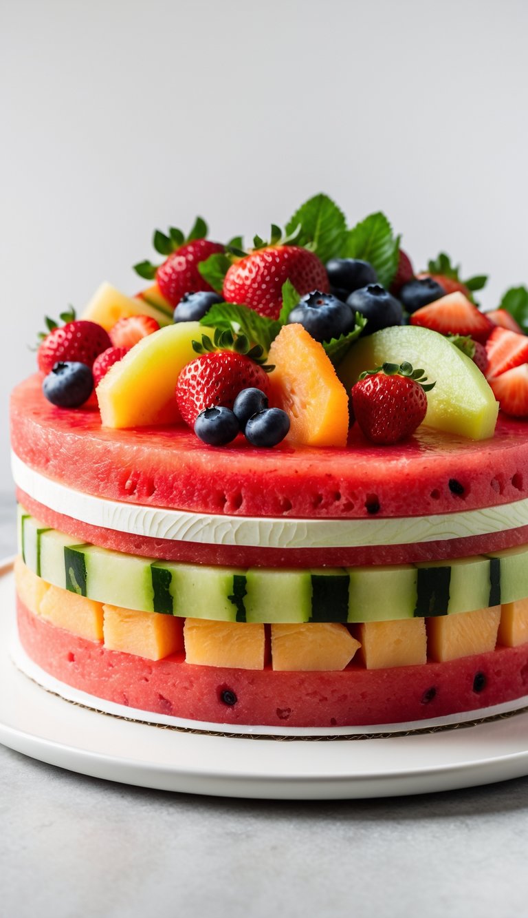 A layered watermelon cake made with slices of melon and topped with assorted berries on a white plate.
