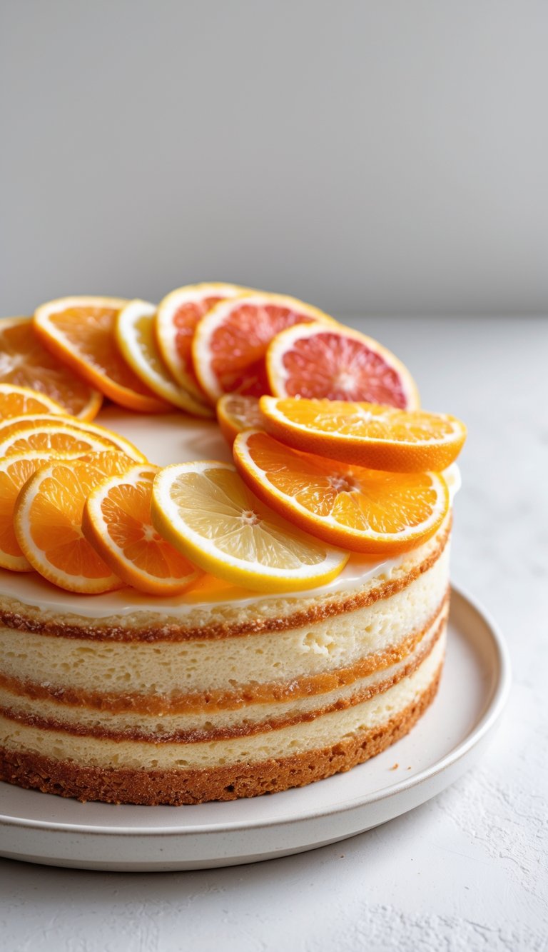A citrus fruit cake topped with slices of oranges, lemons, and grapefruit on a white plate against a plain white background.