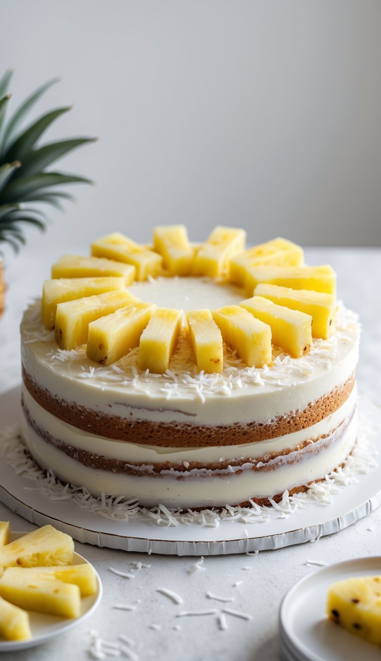 A pineapple and coconut fruit birthday cake decorated with pineapple slices and shredded coconut on a white surface.