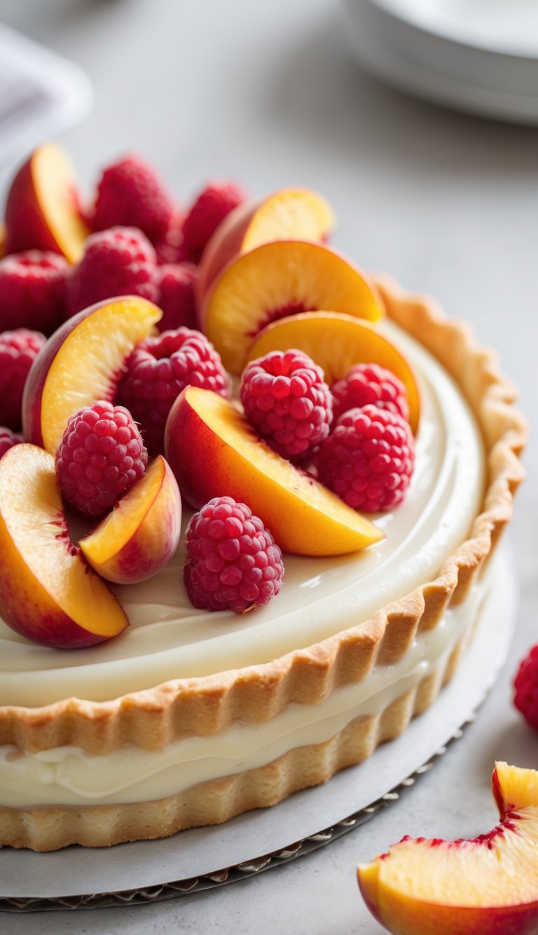 A fresh fruit tart cake topped with peach slices and raspberries on a plain background.