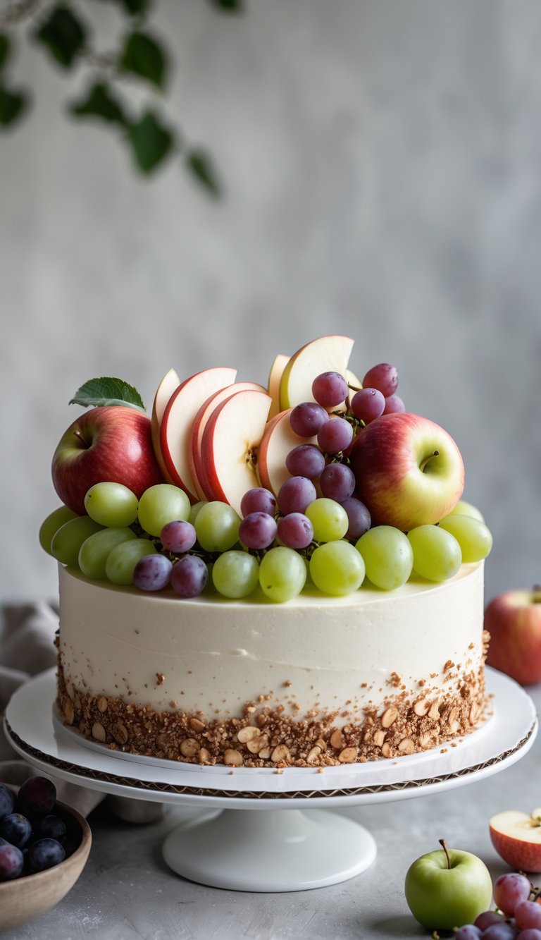 A birthday cake topped with neatly arranged fresh apple slices and grapes on creamy frosting.