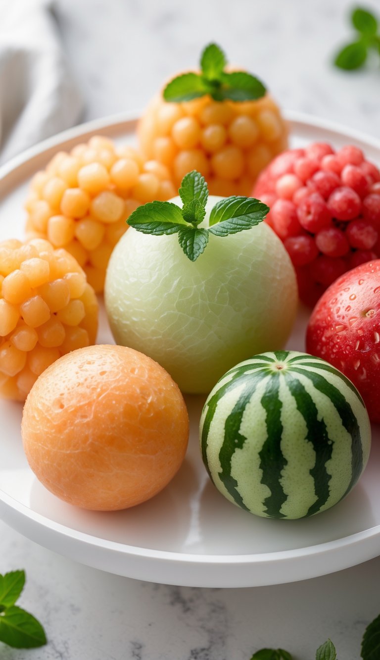 Close-up of a white platter with mixed melon balls including cantaloupe, honeydew, and watermelon, garnished with fresh mint leaves.