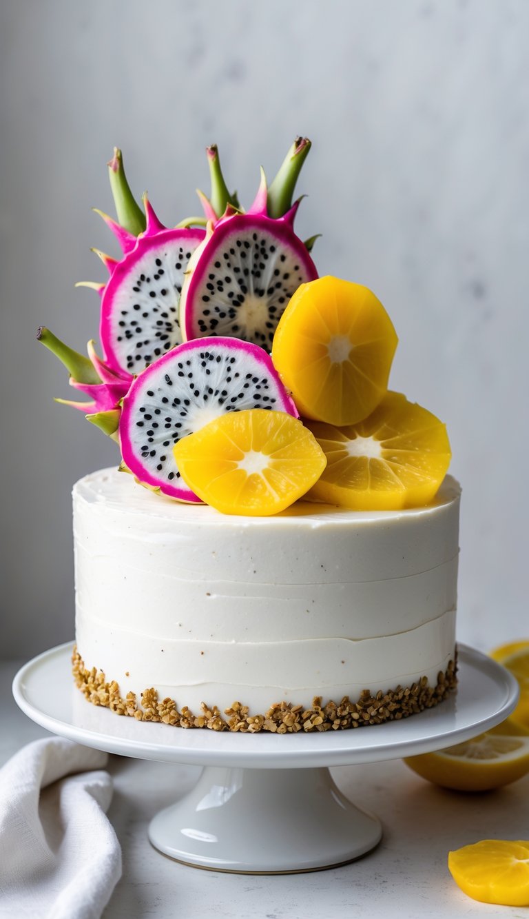 A birthday cake decorated with slices of dragon fruit and starfruit on a white plate.