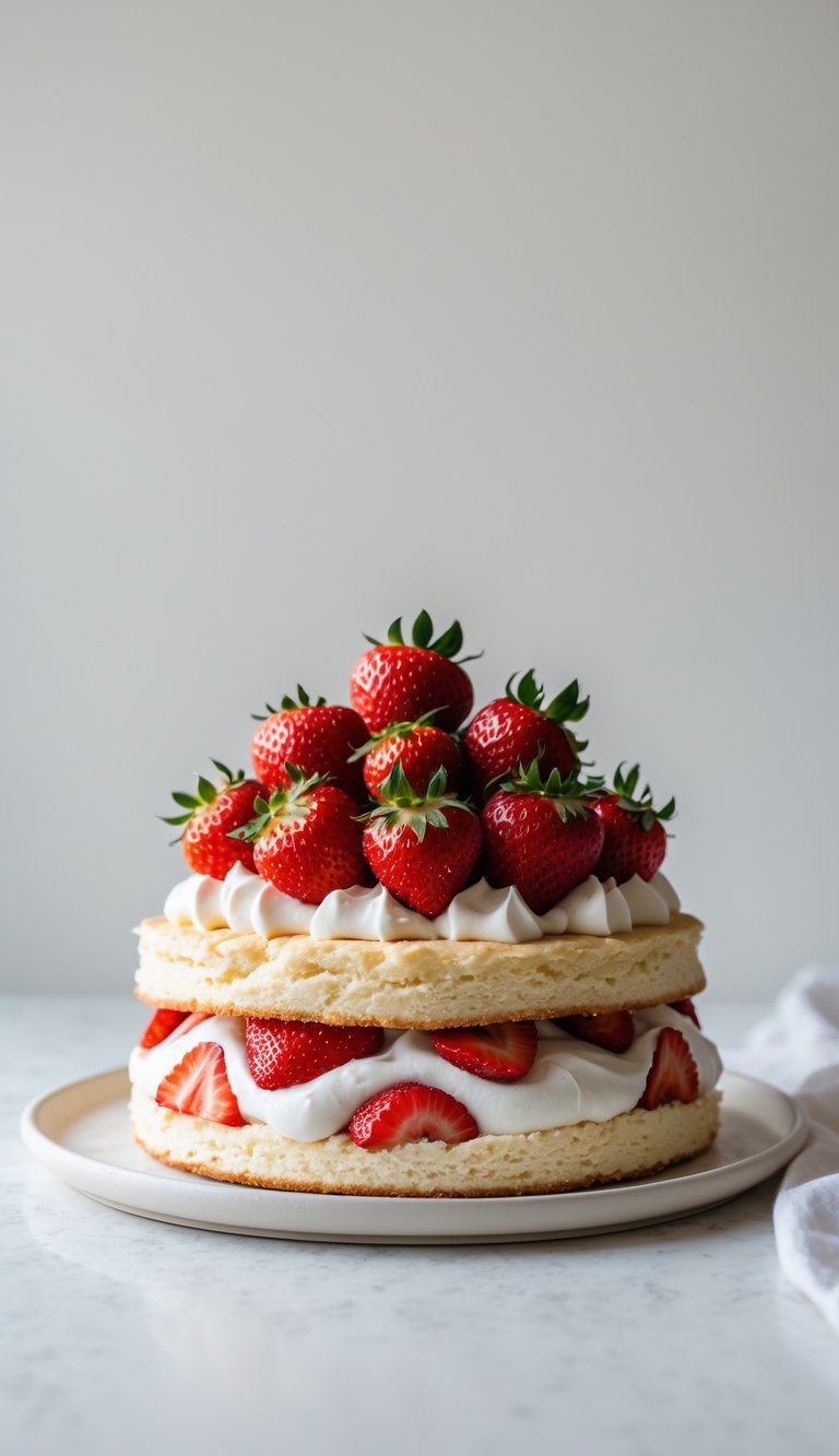 A strawberry shortcake topped with fresh strawberries on a white plate.