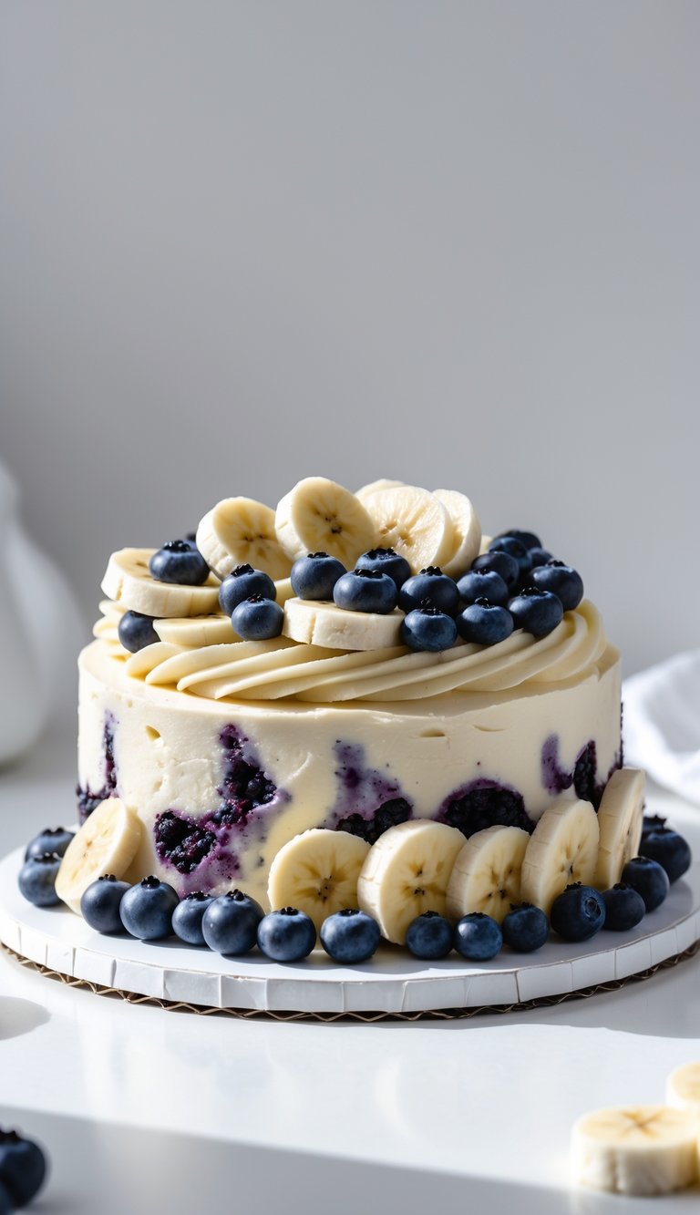 A banana and blueberry swirl fruit cake topped with fresh banana slices and blueberries on a white surface.