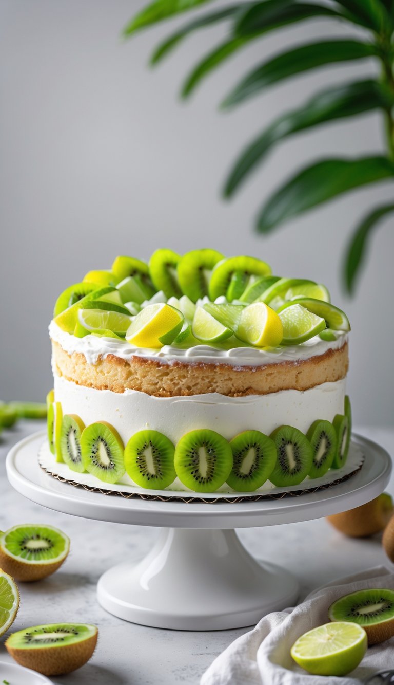 A kiwi and lime tropical fruit cake on a white cake stand with fresh fruit slices on top against a plain background.