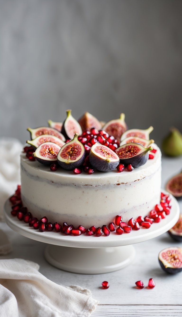 A fresh fig and pomegranate seed fruit cake on a white plate on a wooden surface.
