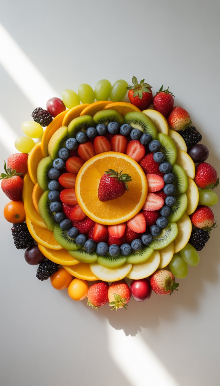 A fruit platter arranged in a colorful spiral pattern with various fresh fruits on a white background.