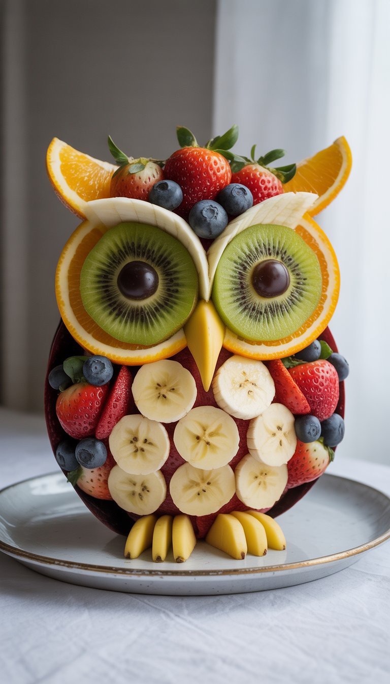 A fruit platter arranged to look like an owl using various sliced fruits on a white plate.