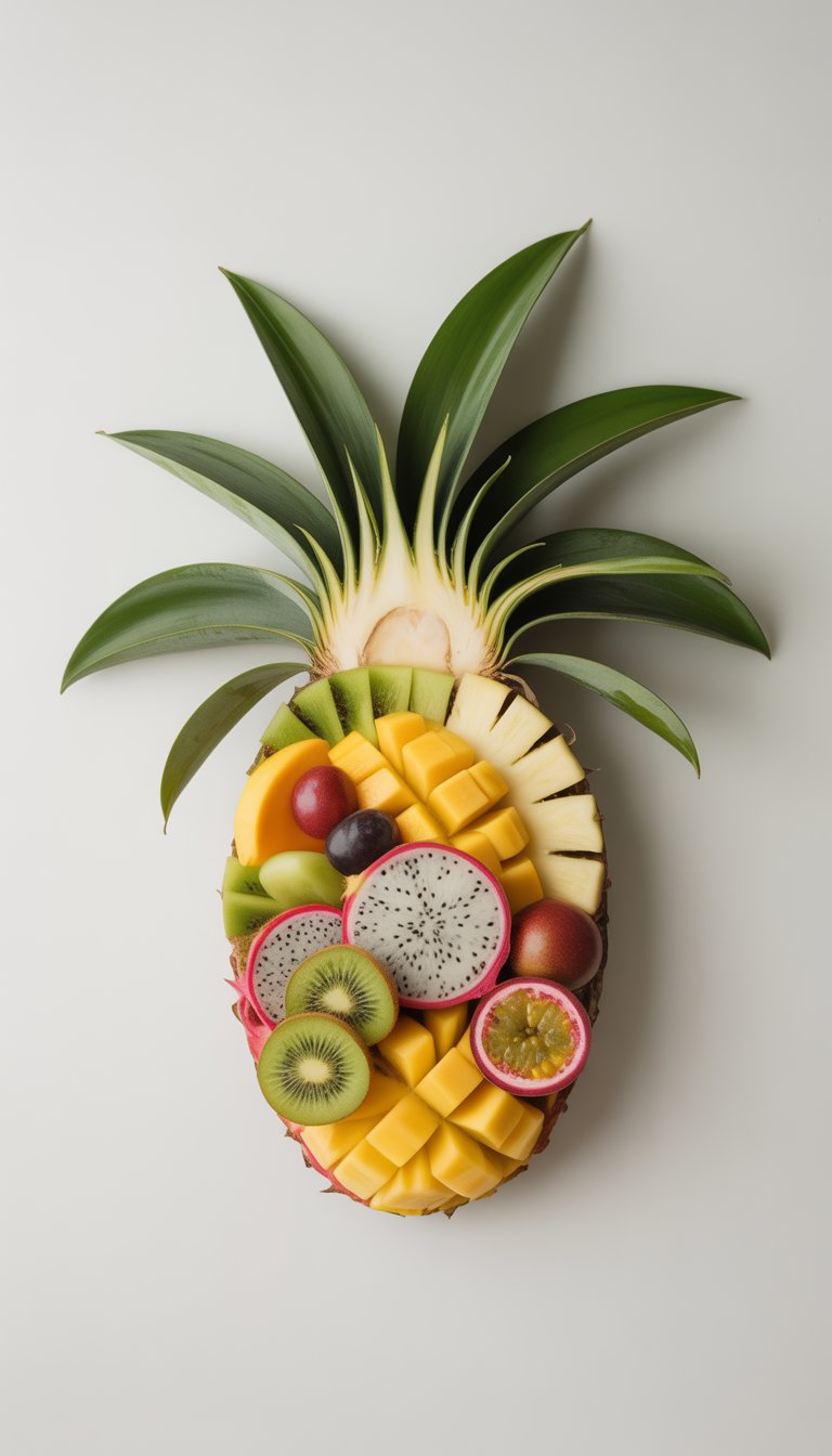 A tropical fruit platter arranged to resemble palm tree leaves with sliced mango, pineapple, kiwi, dragon fruit, and passion fruit on a white surface.