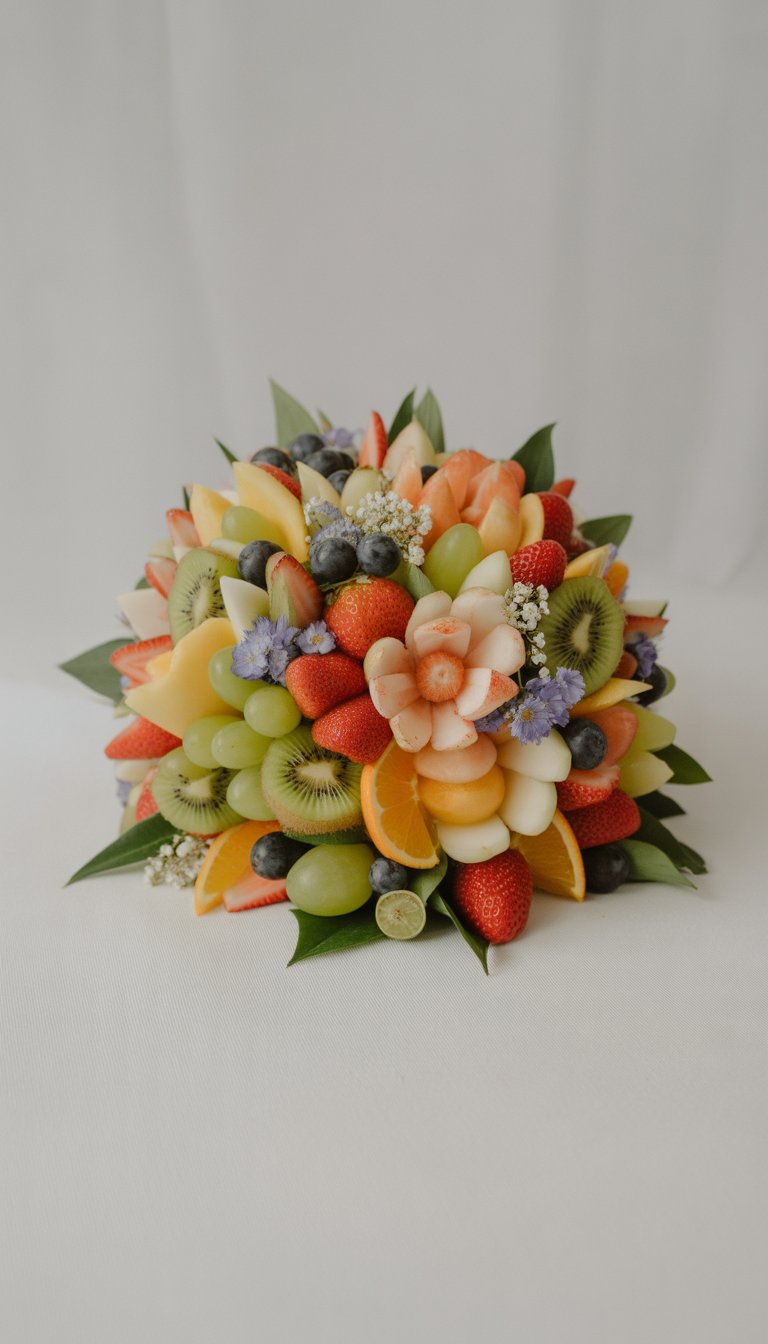 A colorful fruit bouquet arranged with various fresh fruits and edible flowers on a white background.