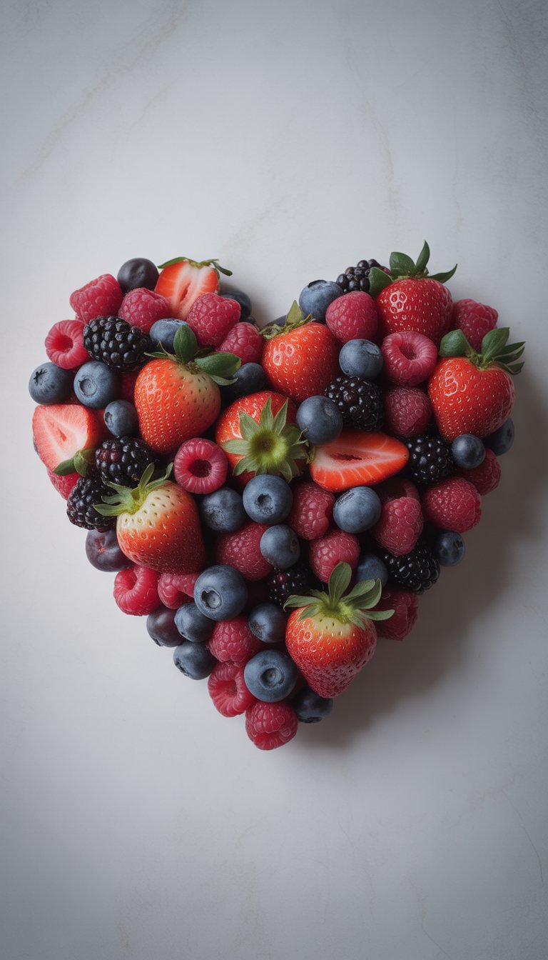 A heart-shaped platter filled with a variety of fresh berries on a white background.