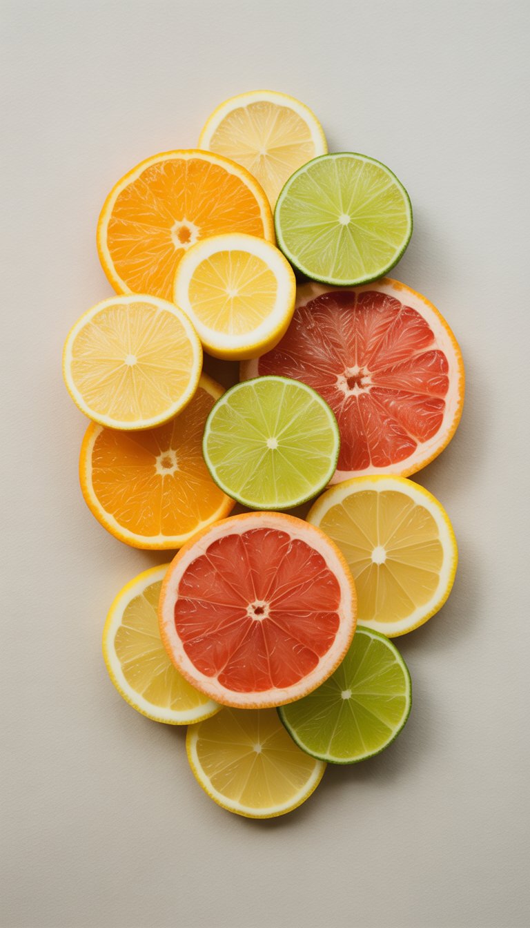 A close-up of various citrus fruit slices arranged neatly on a white surface, including oranges, lemons, limes, and grapefruits.