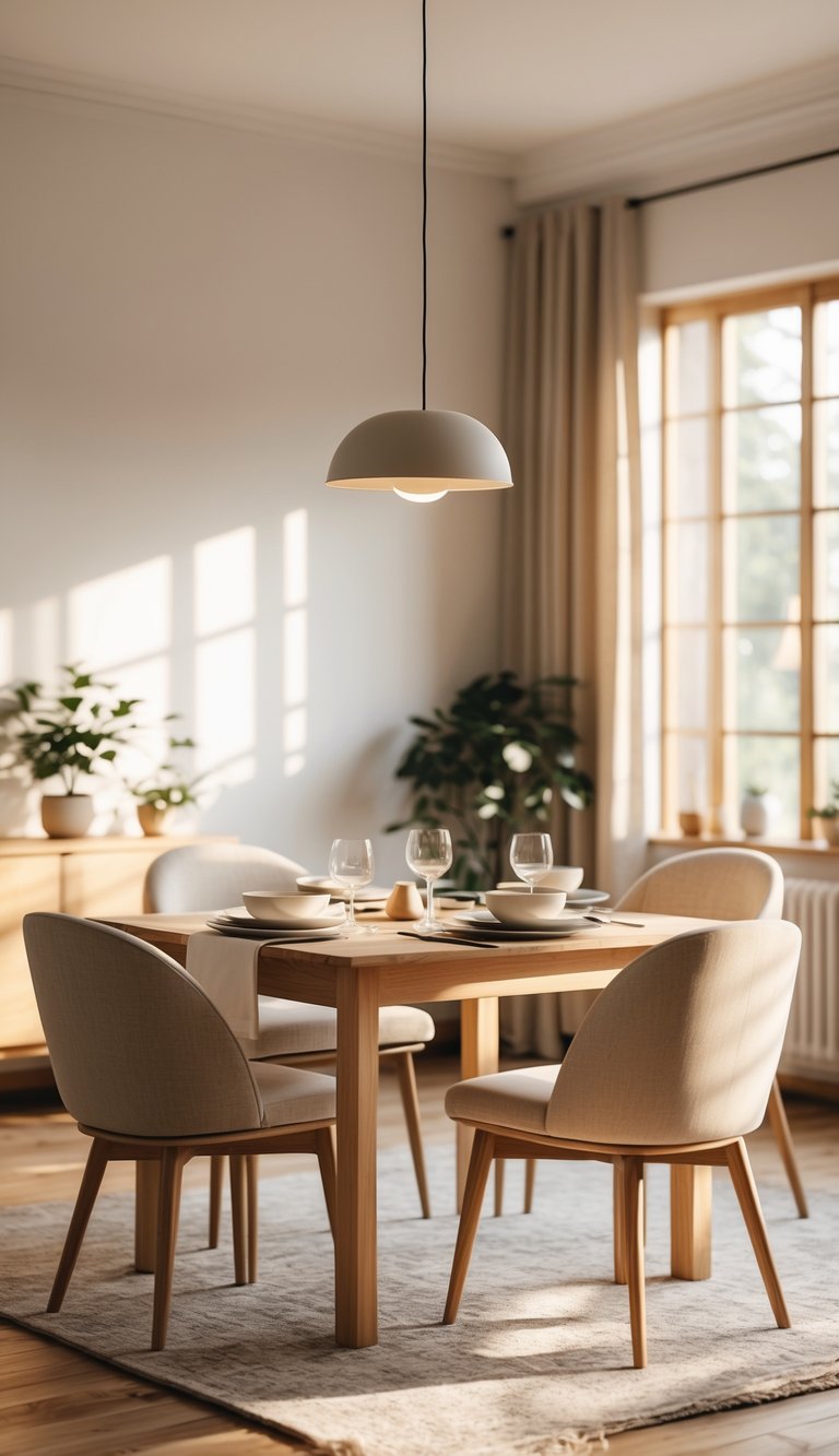 Cozy Dining Room Ideas to Warm Up Small Spaces and Gatherings 1 A cozy dining room with a wooden table set for four, upholstered chairs, a potted plant on a sideboard, and natural light coming through large windows.
