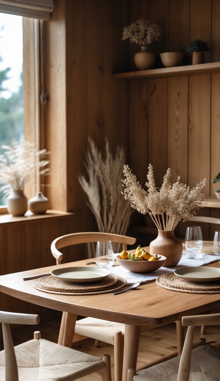 Cozy Dining Room Ideas to Warm Up Small Spaces and Gatherings 2 A cozy dining room with a wooden table and chairs, natural light, and simple table settings including plates, glasses, and a vase with dried flowers.