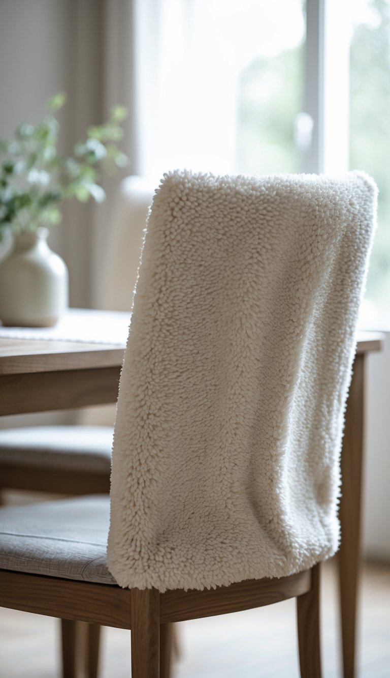 Cozy Dining Room Ideas to Warm Up Small Spaces and Gatherings 3 A dining room with a wooden chair covered by a soft, plush chair cover next to a simple dining table with a small vase of greenery.