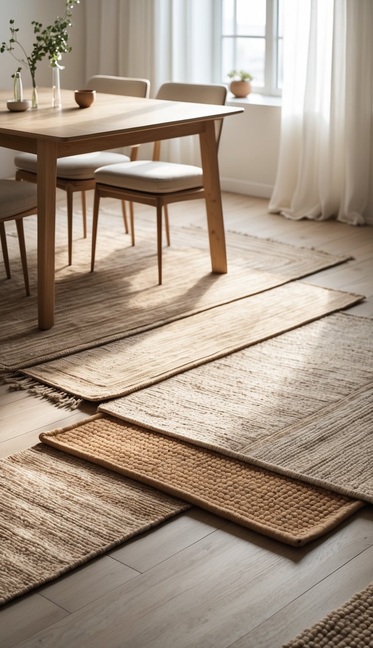 Cozy Dining Room Ideas to Warm Up Small Spaces and Gatherings 4 Dining room with a wooden table and chairs, layered rugs on the floor, and natural light coming through a window.