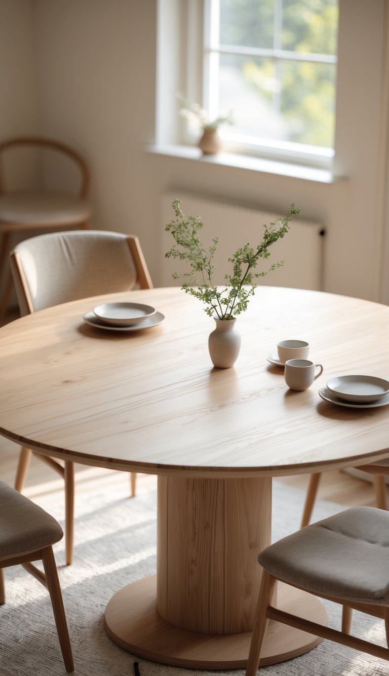 Cozy Dining Room Ideas to Warm Up Small Spaces and Gatherings 5 Round wooden dining table with chairs in a cozy dining room lit by natural light, featuring a small vase with greenery on the table.
