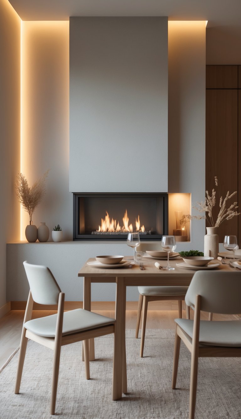 Cozy Dining Room Ideas to Warm Up Small Spaces and Gatherings 6 A dining room with a wooden table set for four and a modern fireplace as the centerpiece.