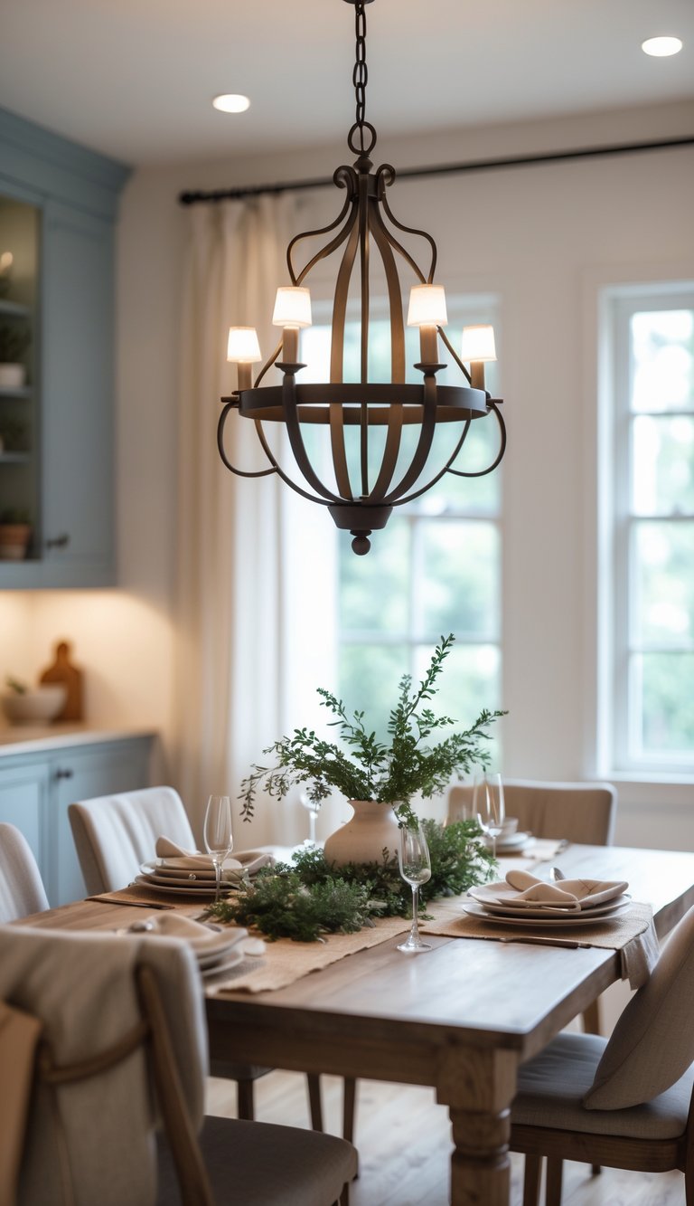 Cozy Dining Room Ideas to Warm Up Small Spaces and Gatherings 7 A cozy dining room with a wooden table set for a meal and a wrought iron chandelier hanging above.