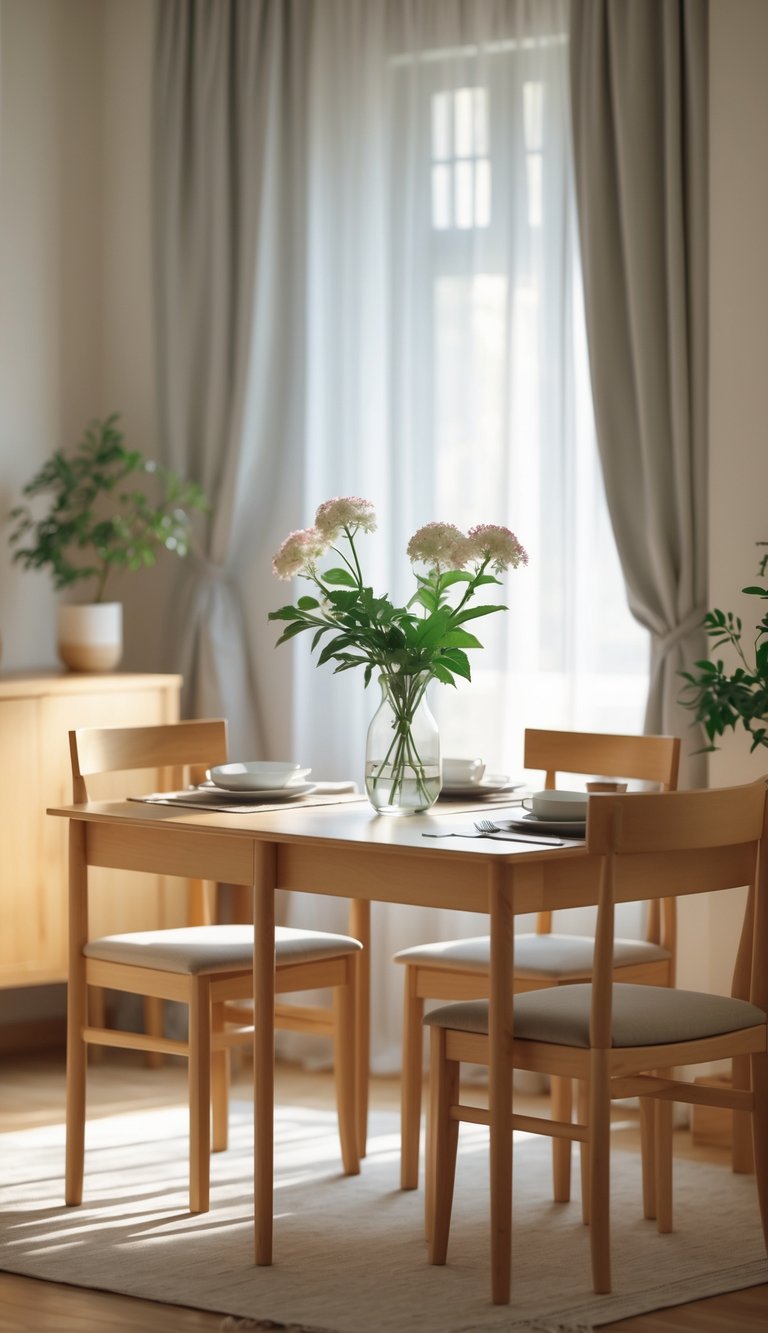 Cozy Dining Room Ideas to Warm Up Small Spaces and Gatherings 9 A cozy dining room with a wooden table set for four, a flower centerpiece, and soft natural light coming through curtains.