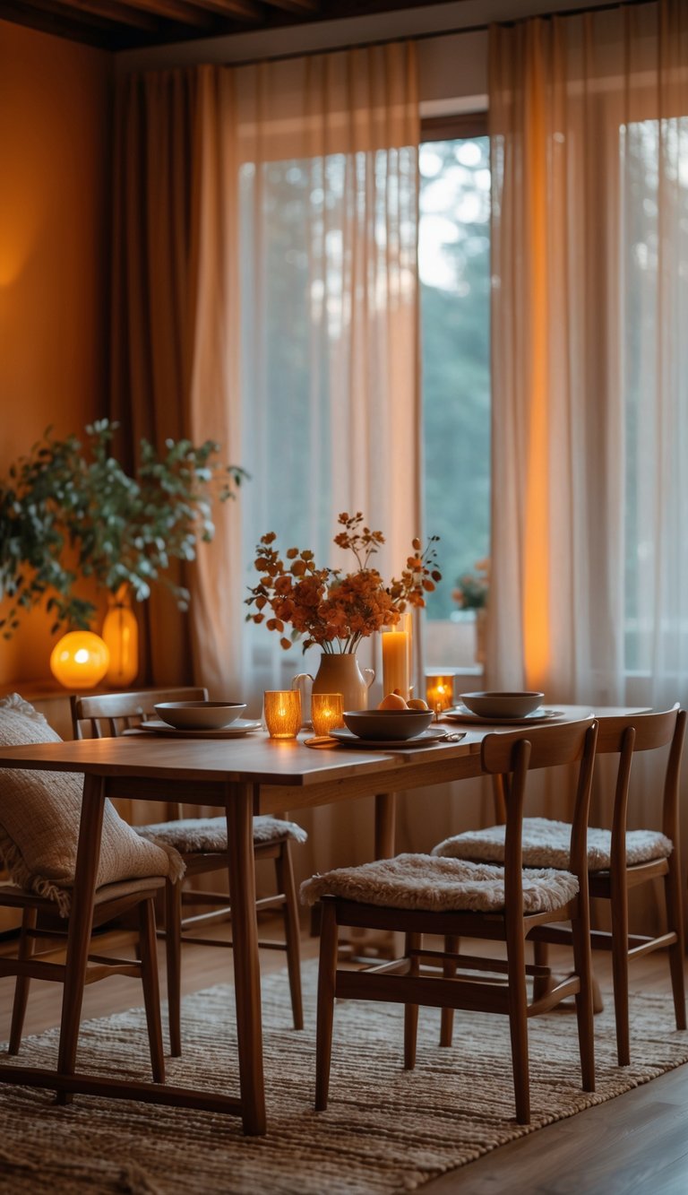Cozy Dining Room Ideas to Warm Up Small Spaces and Gatherings 10 A cozy dining room with a wooden table set for four, warm lighting, and autumnal decorations.