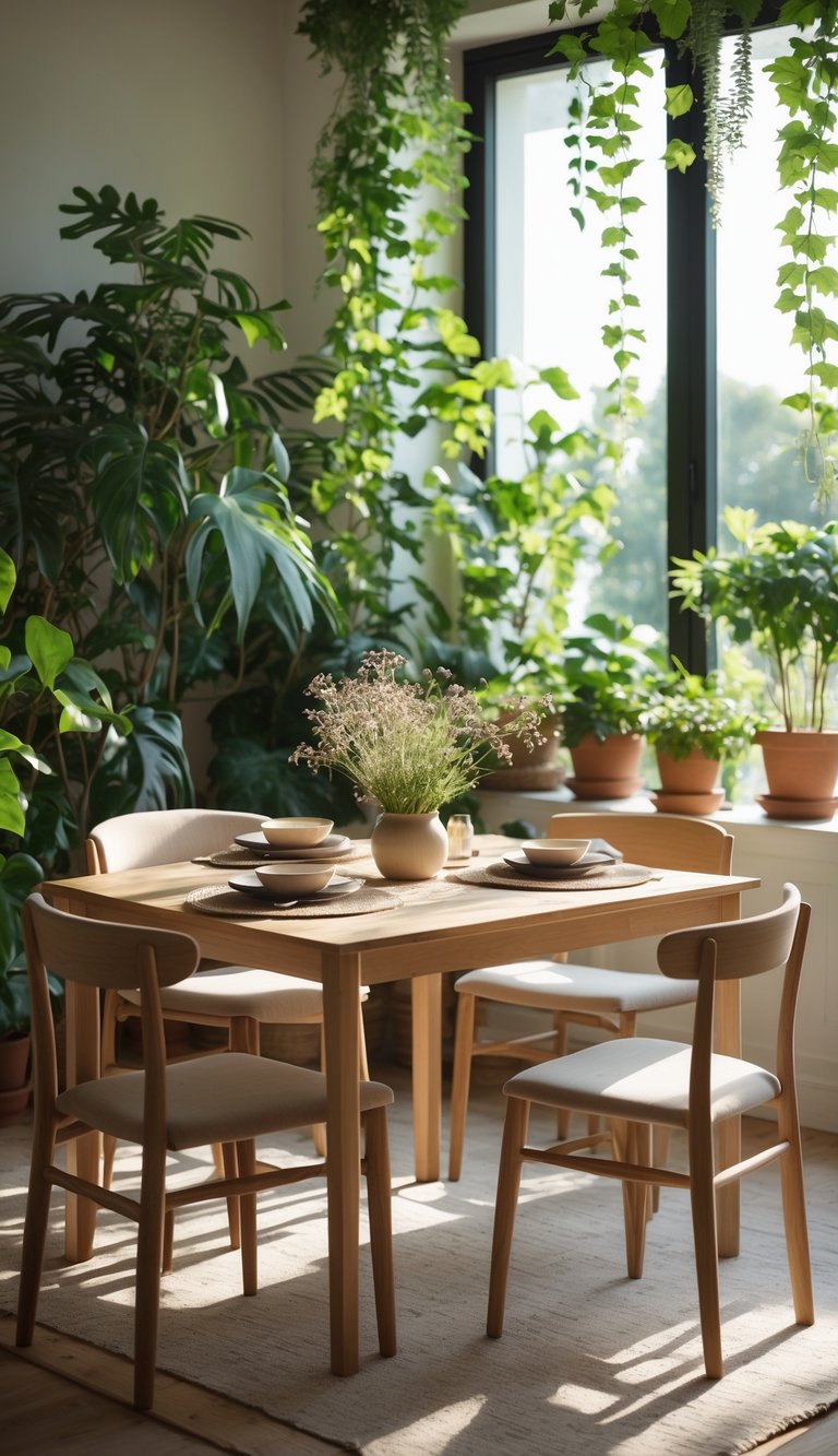 Cozy Dining Room Ideas to Warm Up Small Spaces and Gatherings 11 A cozy dining room with a wooden table, chairs, and several green plants placed around the space.