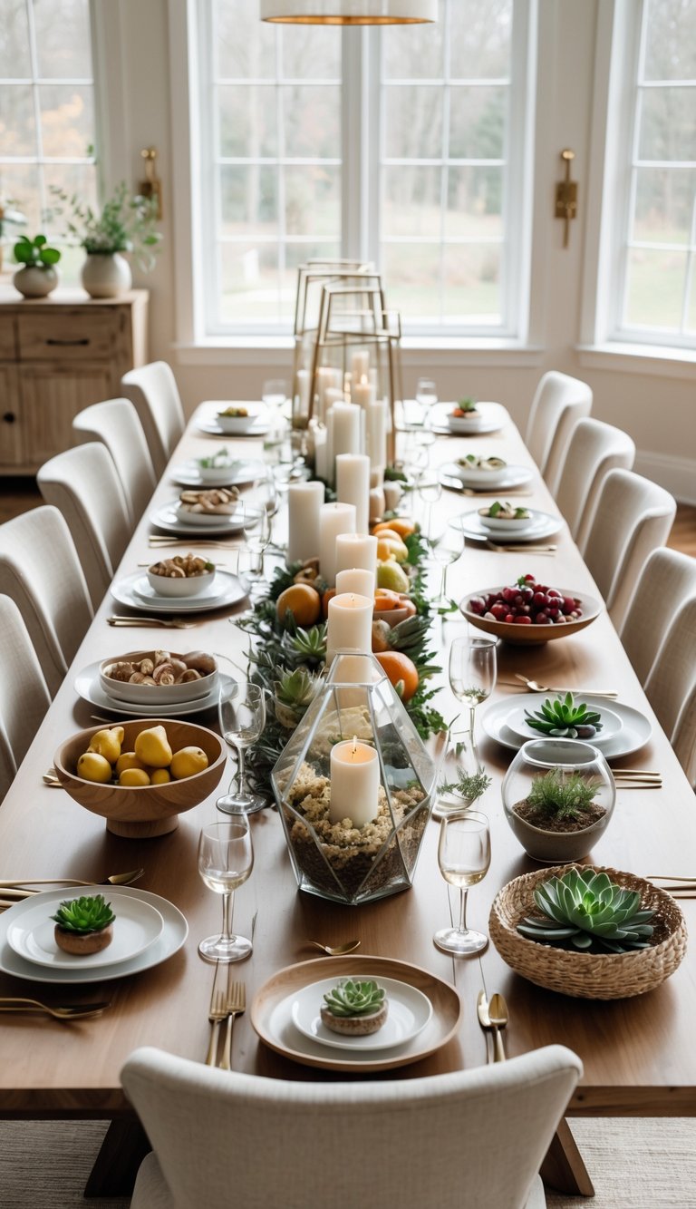 Dining Room Table Centerpiece Ideas to Transform Every Meal 1 A dining room table with thirteen different centerpiece arrangements including flowers, candles, fruits, and plants.