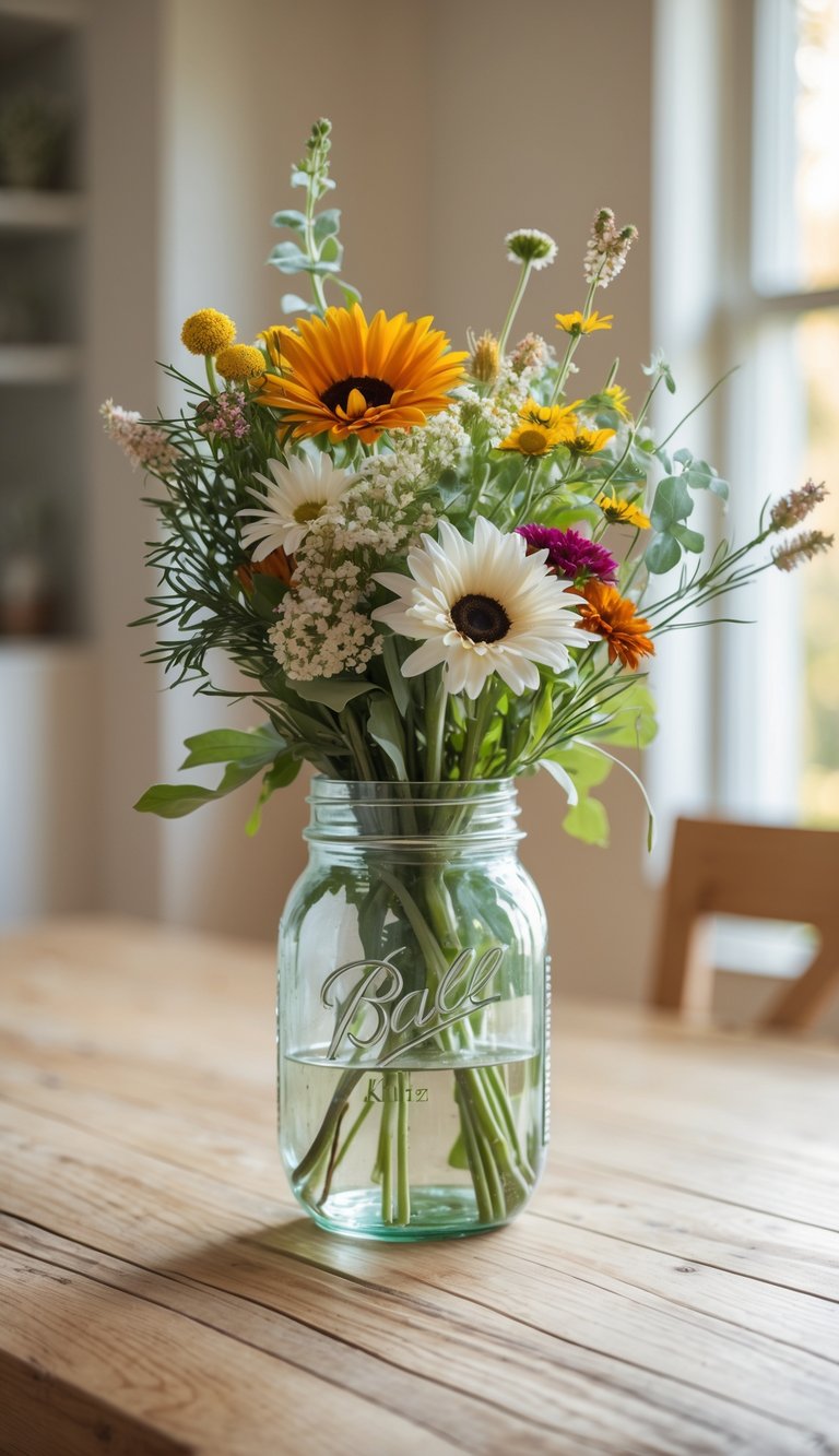 Dining Room Table Centerpiece Ideas to Transform Every Meal 2 A rustic mason jar filled with fresh seasonal flowers sitting on a wooden dining room table.