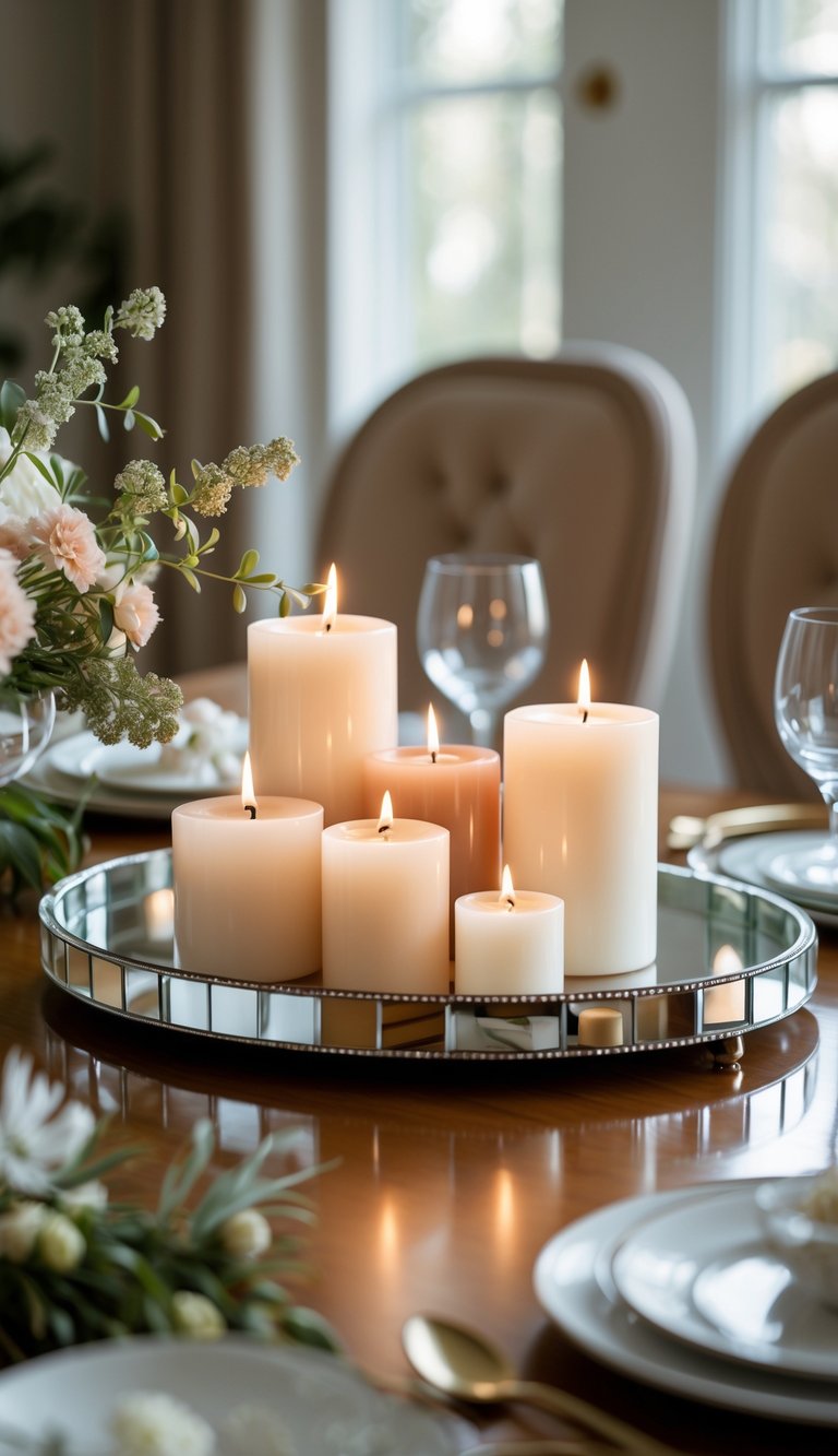 Dining Room Table Centerpiece Ideas to Transform Every Meal 3 A cluster of lit scented candles on a mirrored tray placed on a dining room table with greenery and flowers around.