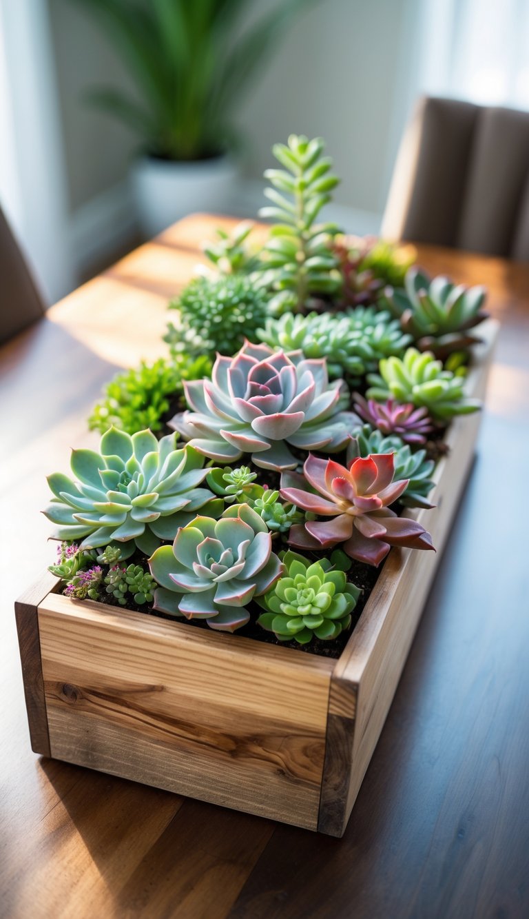 Dining Room Table Centerpiece Ideas to Transform Every Meal 4 A shallow wooden box filled with various colorful succulents placed on a dining room table.