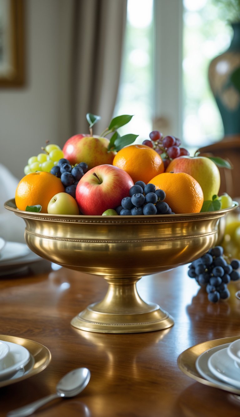 Dining Room Table Centerpiece Ideas to Transform Every Meal 5 A vintage brass bowl filled with colorful fruits on a dining room table.