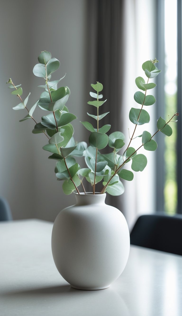 Dining Room Table Centerpiece Ideas to Transform Every Meal 6 A ceramic vase with eucalyptus stems on a dining room table.