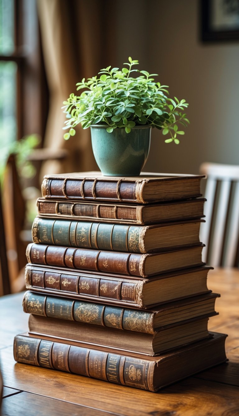 Dining Room Table Centerpiece Ideas to Transform Every Meal 7 A stack of antique books topped with a small green potted plant on a wooden dining table.