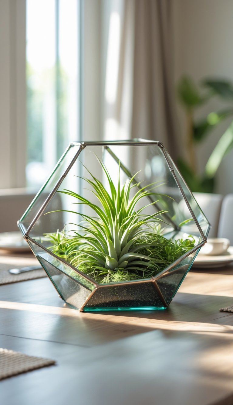 Dining Room Table Centerpiece Ideas to Transform Every Meal 8 A geometric glass terrarium with green air plants placed on a dining room table.